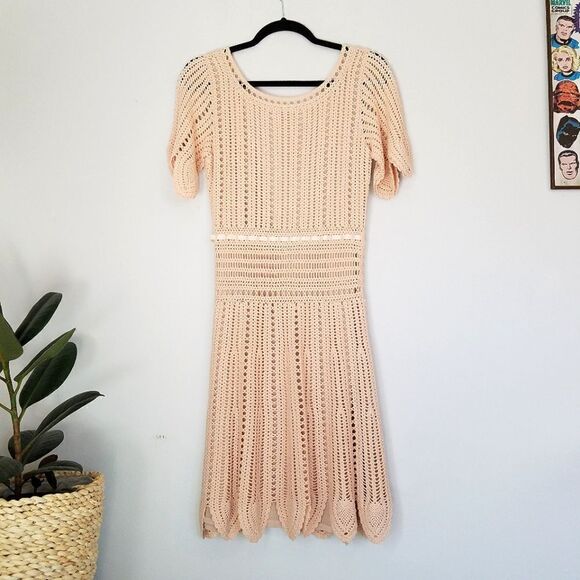 Temperley London Blush Peach Linen Cotton Blend Boho Cottagecore Crochet Dress 6 - Picture 3 of 15